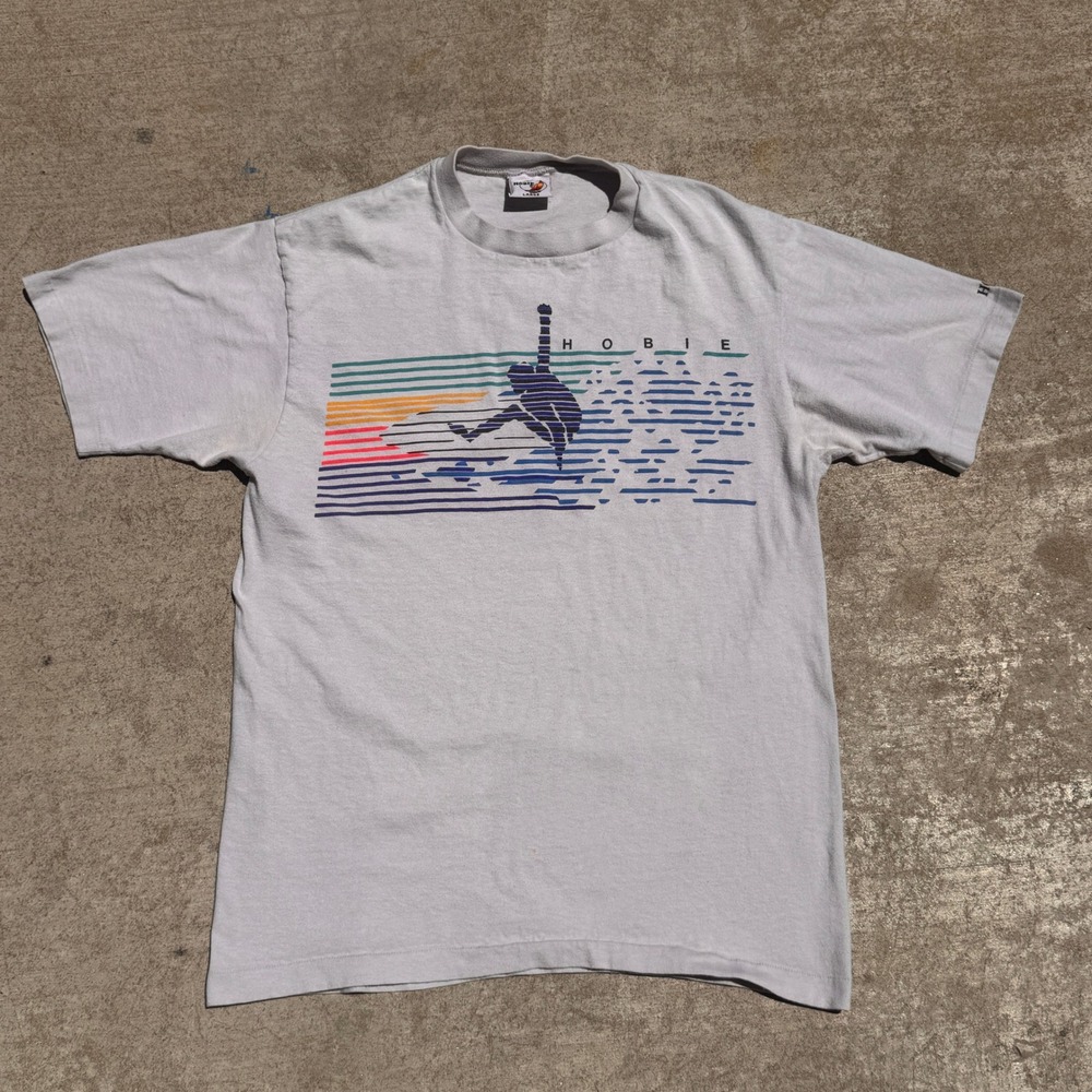 Vintage 80s Hobie Surf T-Shirt Mens Large Gray Rainbow Graphic Made in USA